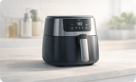 Stainless steel air fryer in a modern kitchen.