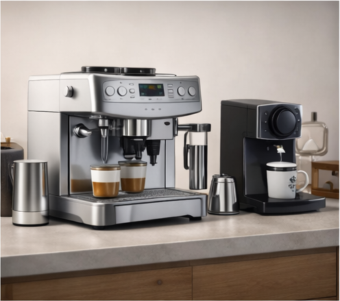 Coffee machine and cups on a home kitchen counter.