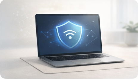 Laptop workstation representing online privacy and security tools.
