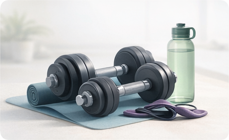 Compact fitness accessories arranged for home training.