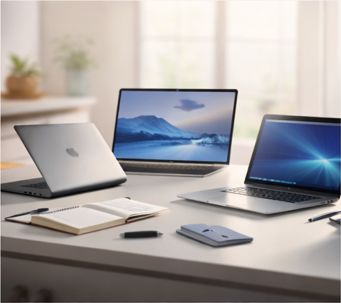 Laptop and desk setup in a home workspace.