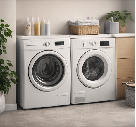 Laundry setup with appliance and folded clothes.