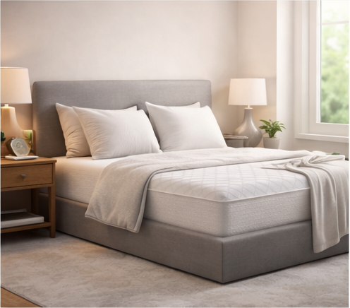 Bedroom setup with bed and bedding.