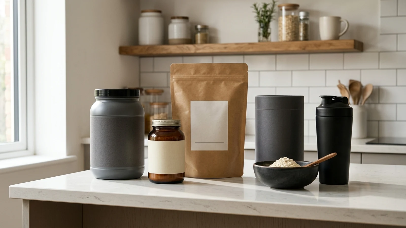 Sports nutrition powders and supplement packaging arranged for a UK buying guide.