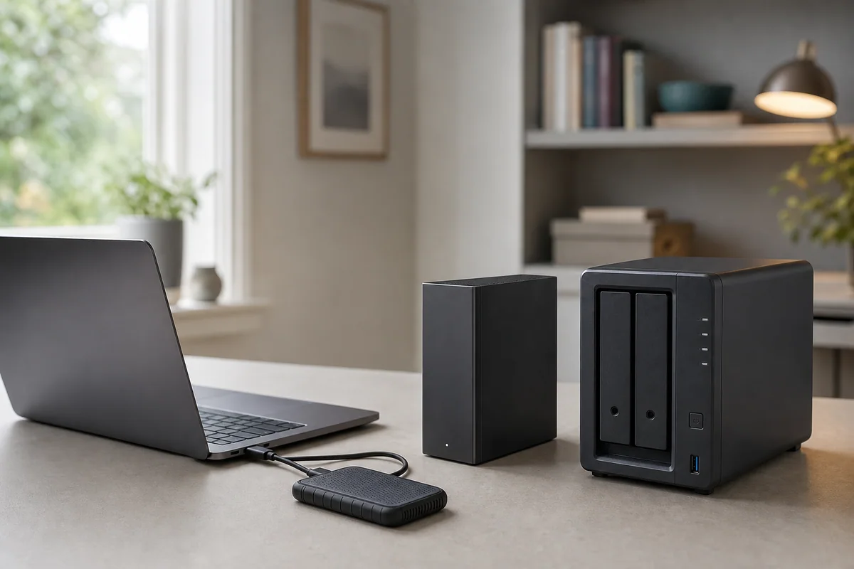 Portable SSD, desktop hard drive and network storage system shown as three different backup choices.