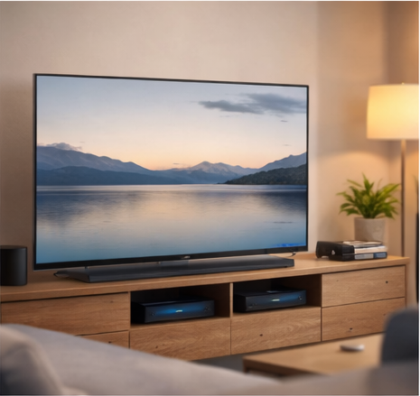 Living-room television setup with evening viewing scene.