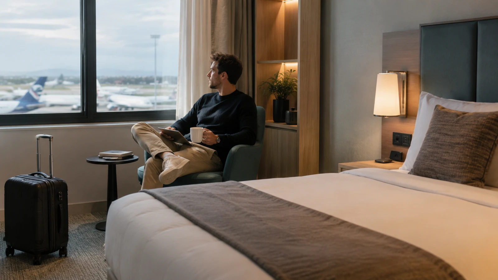 Modern airport hotel room with a traveller, suitcase and runway view through a large window.