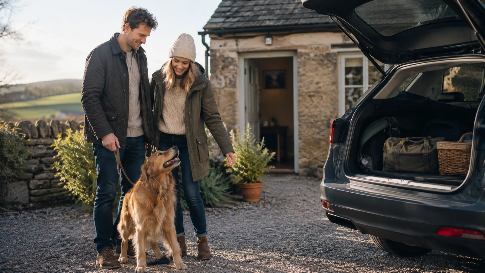 Couple with a dog outside a countryside cottage beside an open car packed for a dog-friendly break.