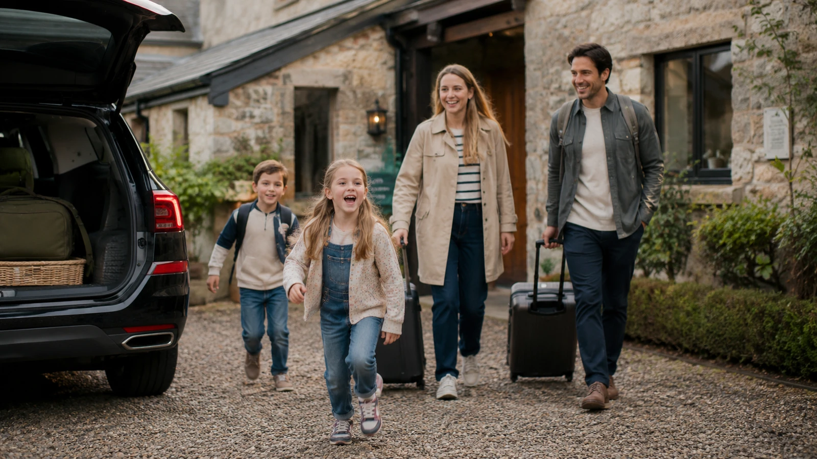Family arriving with luggage at a welcoming stone stay during a UK road-trip stopover.