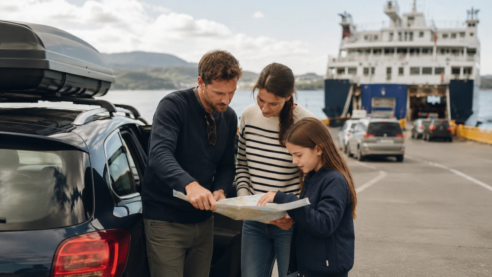 Family checking a map beside a car at a ferry terminal with a large ferry waiting in the background.
