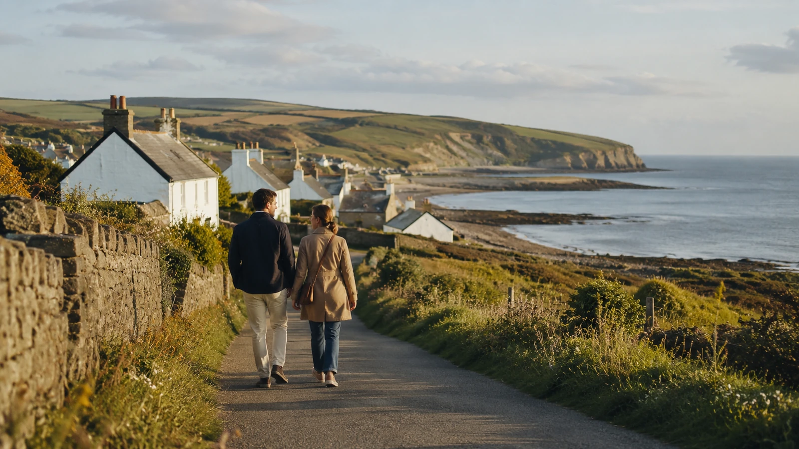 Couple walking down a lane toward a quiet UK coastal village and bay at golden hour.