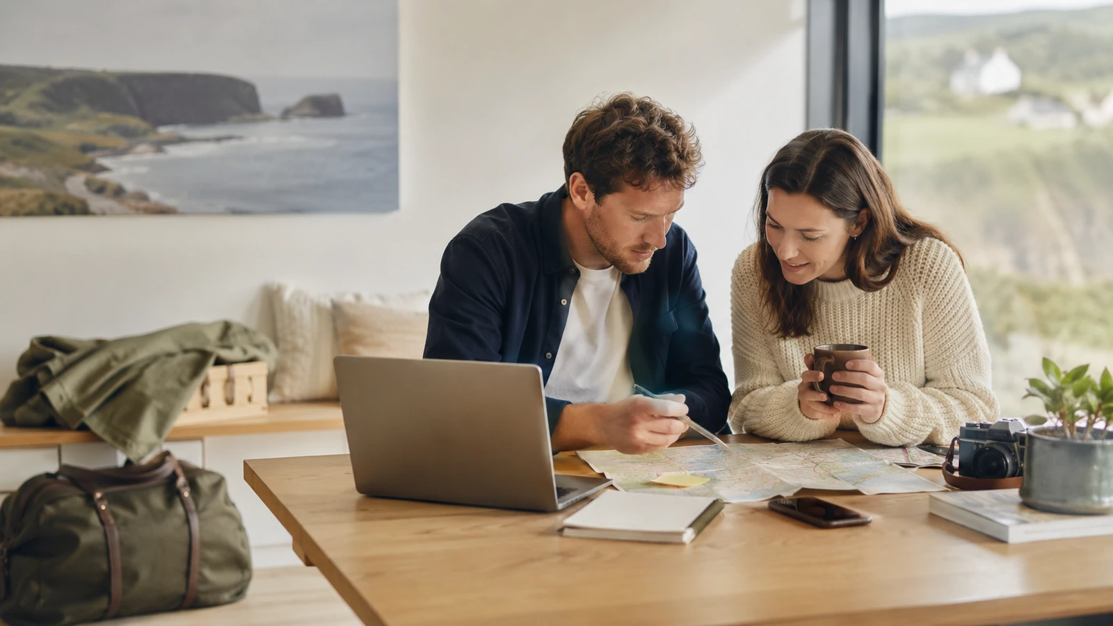 Couple planning a UK short break at a table with a laptop, map, phone and travel bag in a bright coastal-style room.