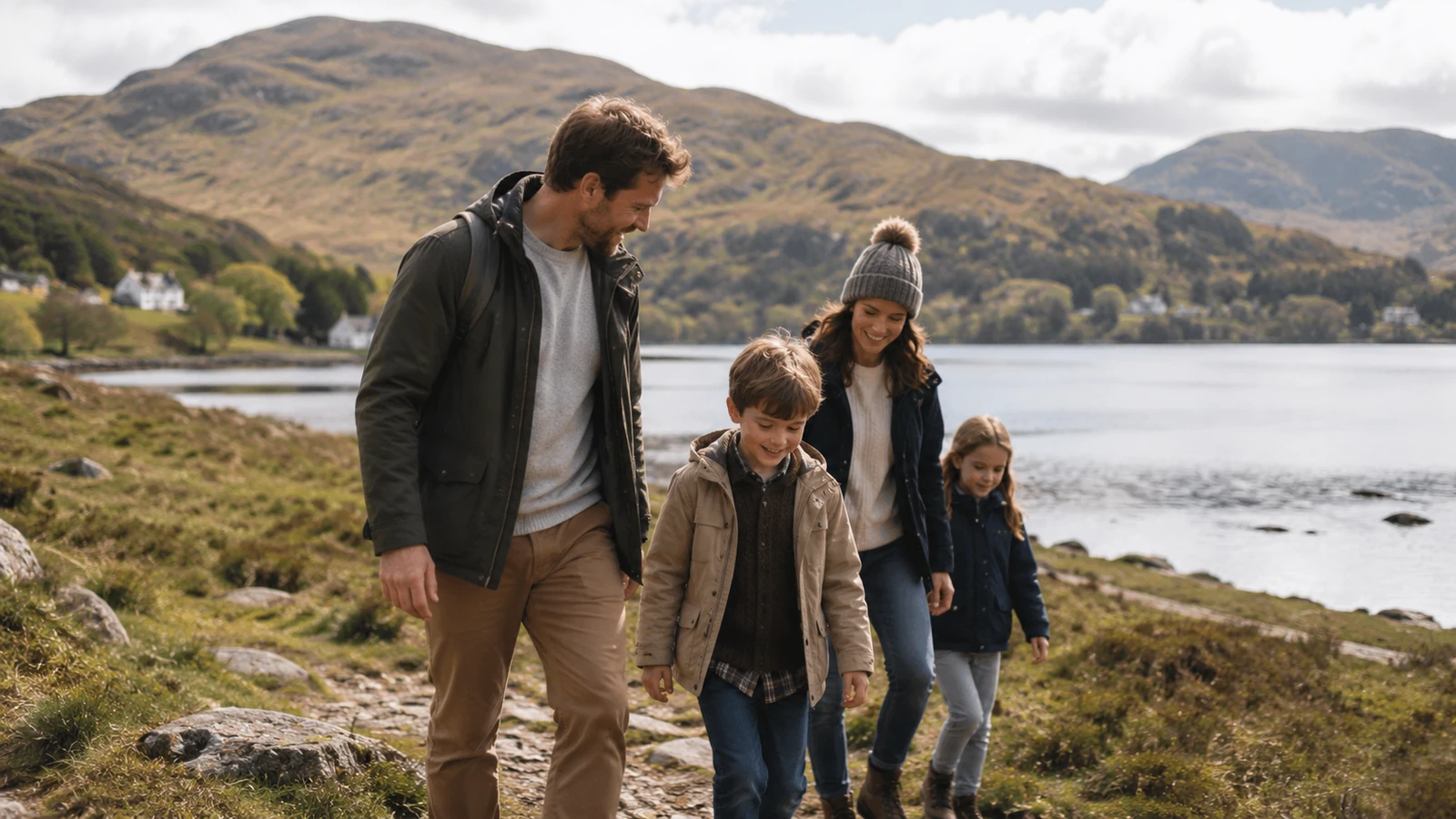 Family walking beside a Scottish loch with hills and cottages in the background.