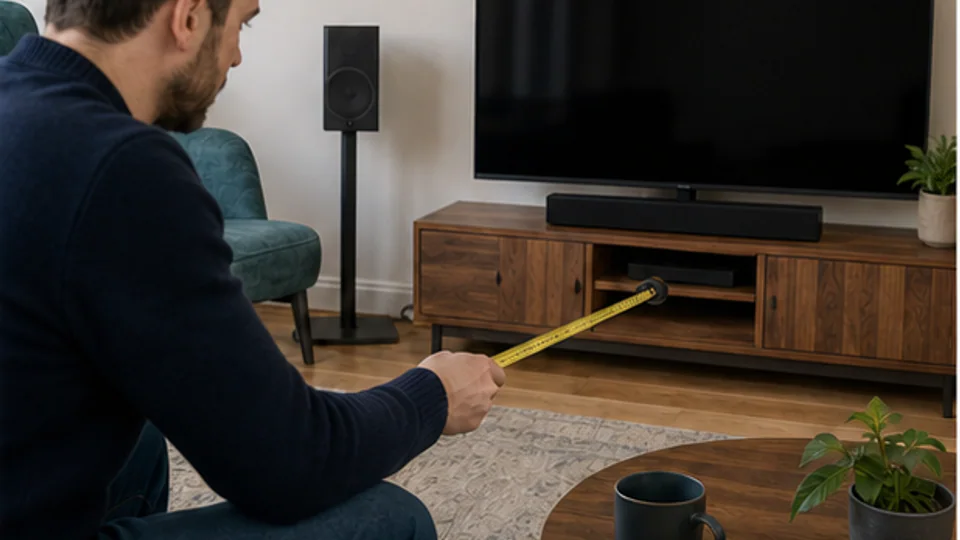 Person measuring television viewing distance and speaker placement in a modest living room.