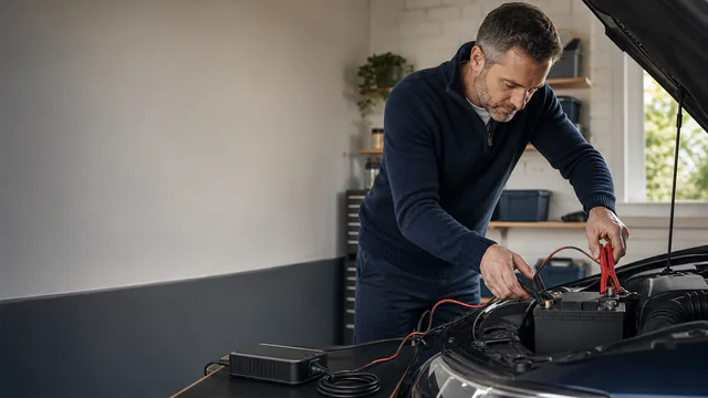 A driver attaching red and black charger clamps to a car battery in a dry garage.