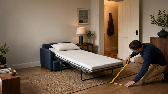 A person measuring the floor beside a compact blue sofa bed opened into a single sleeping surface.