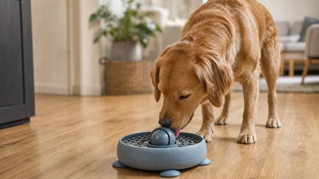A dog licking a textured rotating ball set inside a suction-footed bowl on a wood floor.