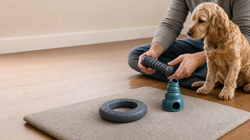 An owner checking the condition of a rubber dog toy beside a dog before supervised play.