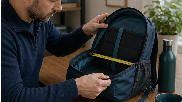 Adult measuring the internal space and strap layout of an unbranded school or day backpack.