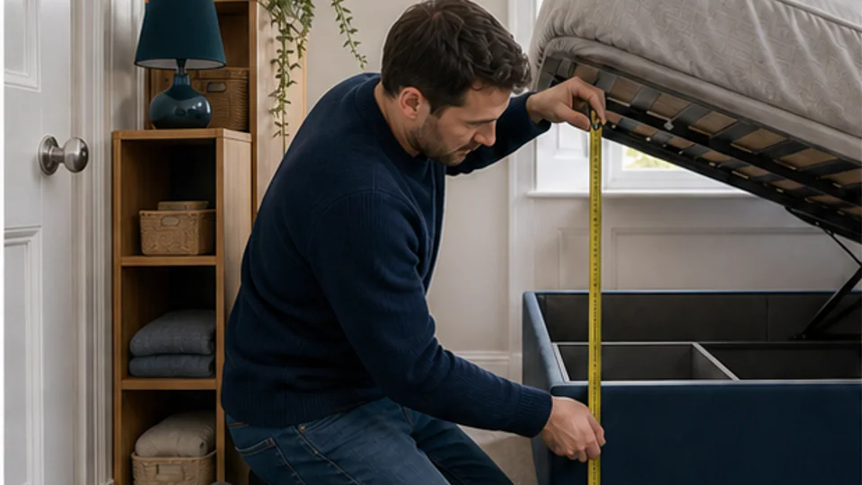 Person measuring the usable storage depth inside a lift-up bed in a compact bedroom.