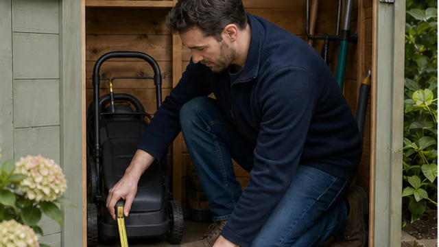 Person measuring the available storage footprint around unbranded garden equipment in a small shed.