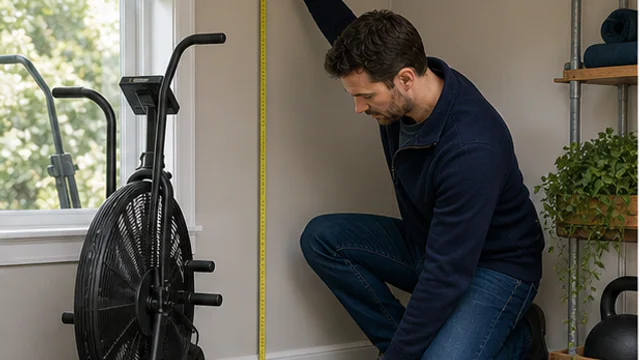 Person measuring floor and ceiling clearance for compact cardio equipment in a home workout space.