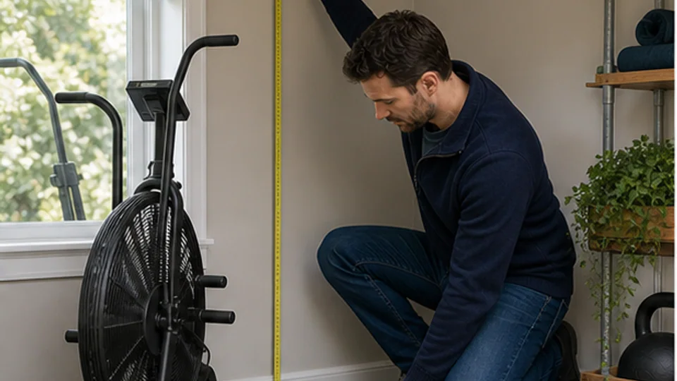 Person measuring floor and ceiling clearance for compact cardio equipment in a home workout space.