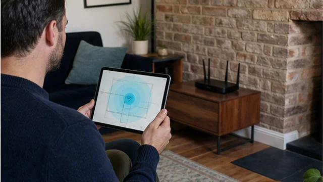 Person checking wireless-router placement and room coverage in a UK living room.