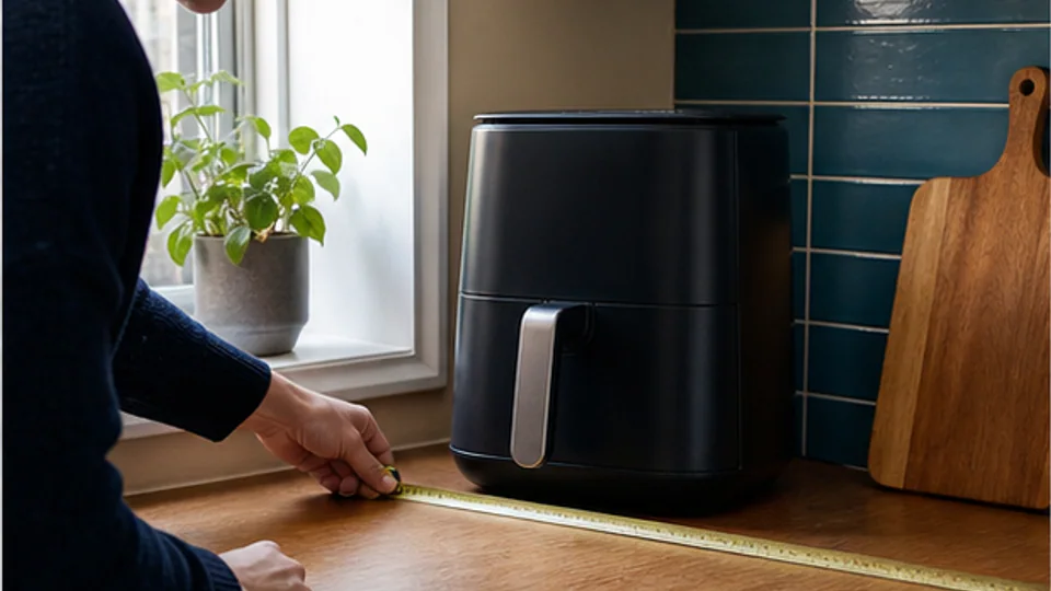 Person measuring the usable worktop space beside an unbranded air fryer in a compact kitchen.