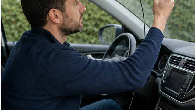 Driver checking the position and cable route of an unbranded dash camera in a parked car.