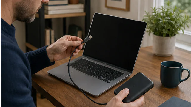 Person comparing an unbranded charging cable, laptop port and compact power bank at a desk.