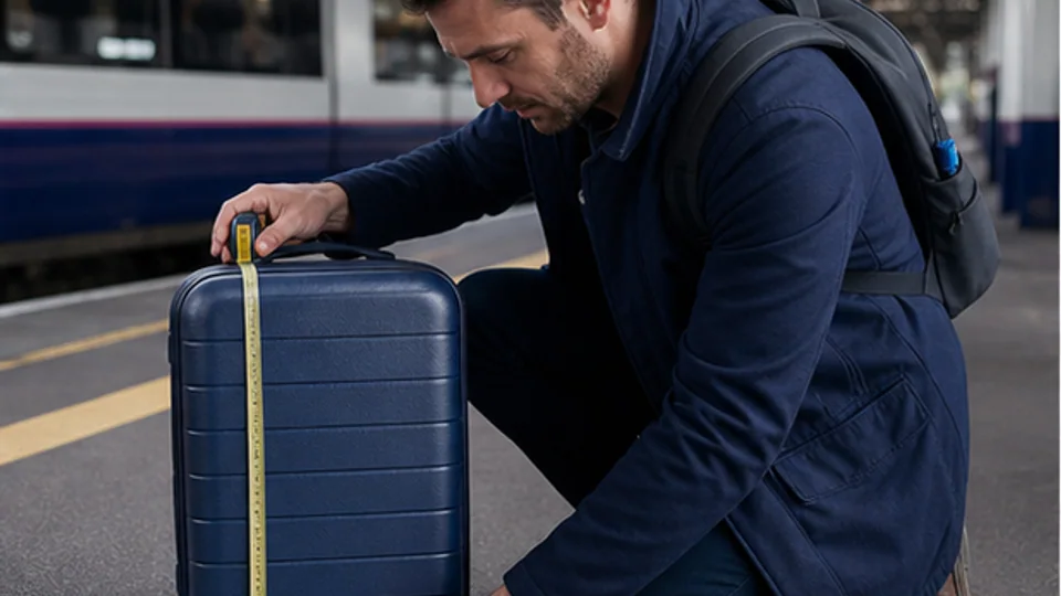 Traveller measuring an unbranded cabin case beside a train platform.