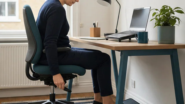 Person measuring desk and knee clearance beside an adjustable chair in a compact home office.