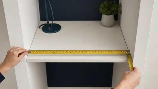 Hands measuring the usable width of a narrow desk alcove.