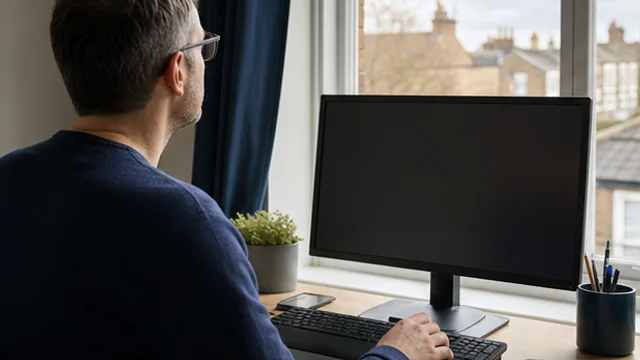 Person checking monitor placement and viewing space at a home desk.