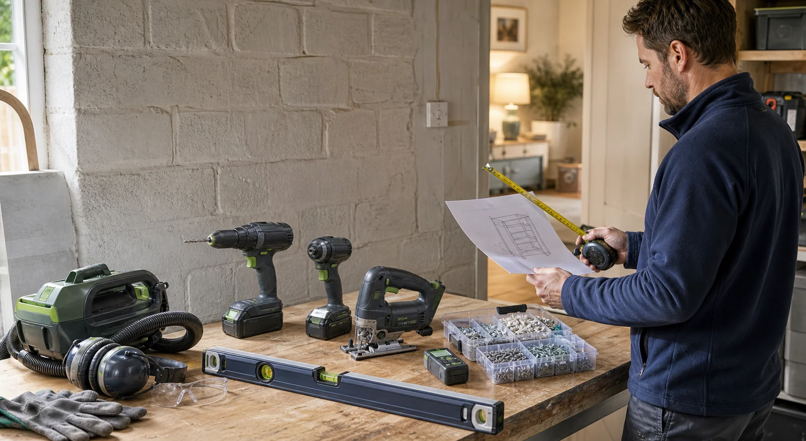 Homeowner comparing unbranded DIY tools, fixings and measuring equipment at a workshop bench before starting a project.