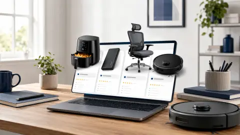 A tidy home workspace with practical buying-guide screens open on a laptop.