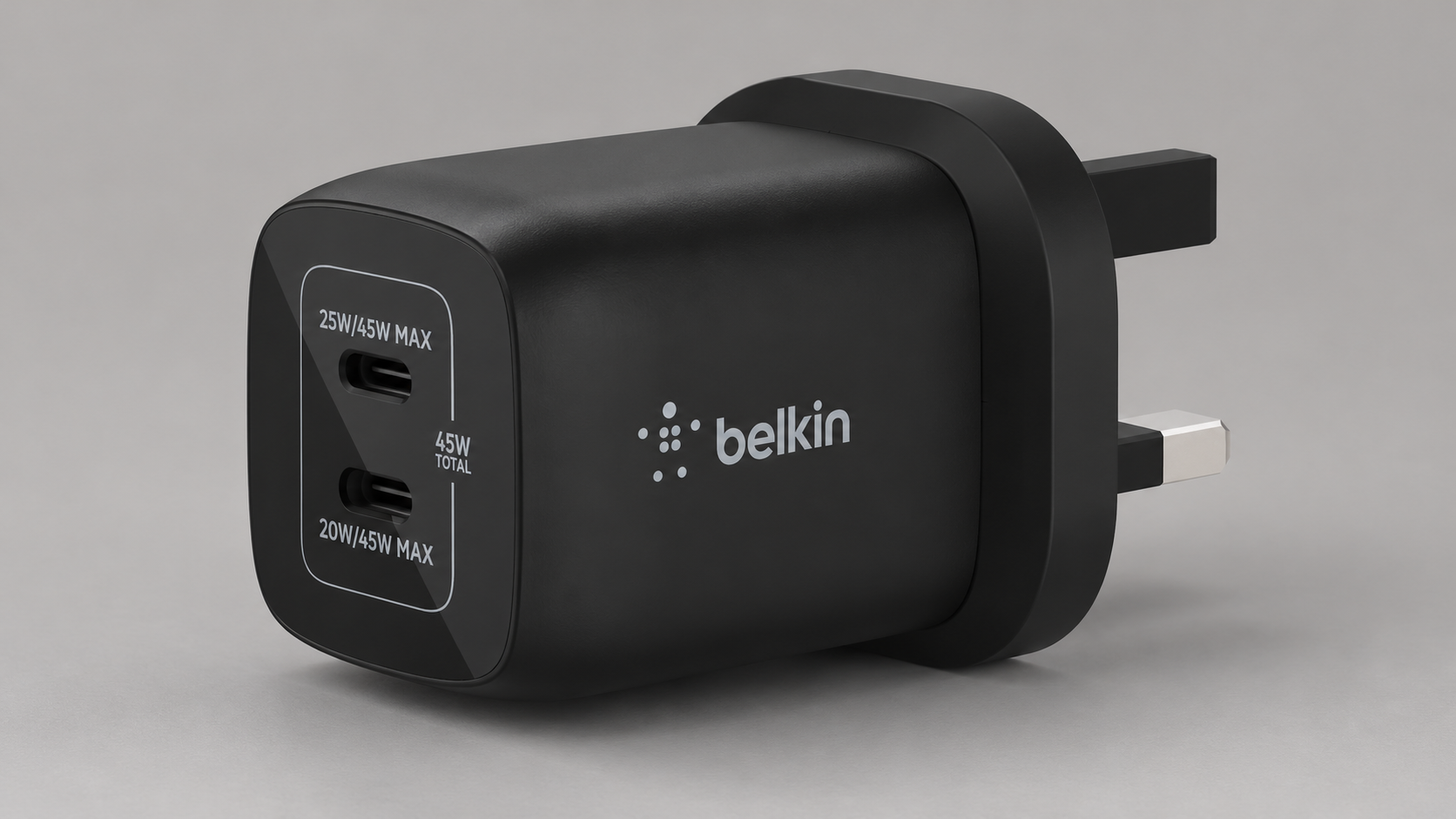 Editorial illustration of Belkin BoostCharge Pro Dual USB-C GaN 45W, WCH011myBK black UK; visible model recognition only, not a technical or complete-pack diagram.