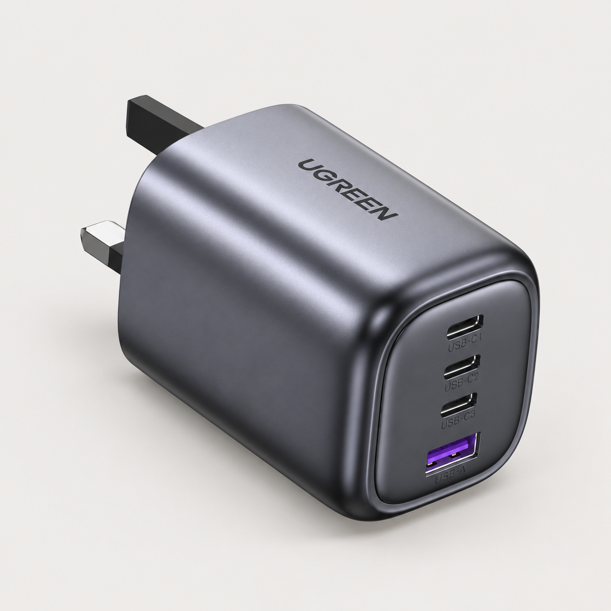 Editorial illustration of UGREEN Nexode 100W four-port UK charger, SKU 40749; visible model recognition only, not a technical or complete-pack diagram.