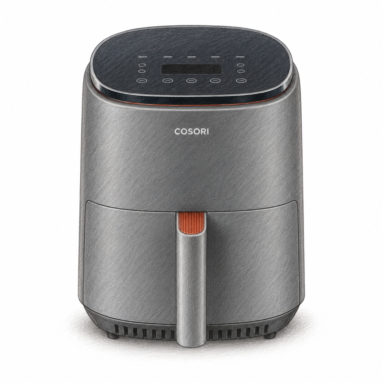Editorial illustration of the grey COSORI Lite 3.8L CAF-LI401S single-basket air fryer.