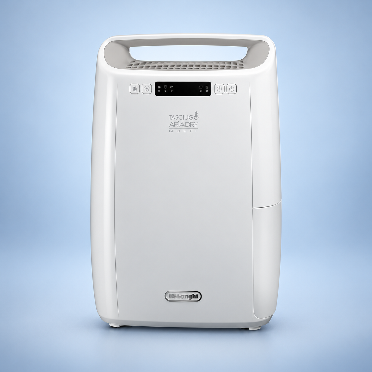 Editorial illustration of the white De'Longhi DEXD214RF dehumidifier with top carry handle; accessories not shown.