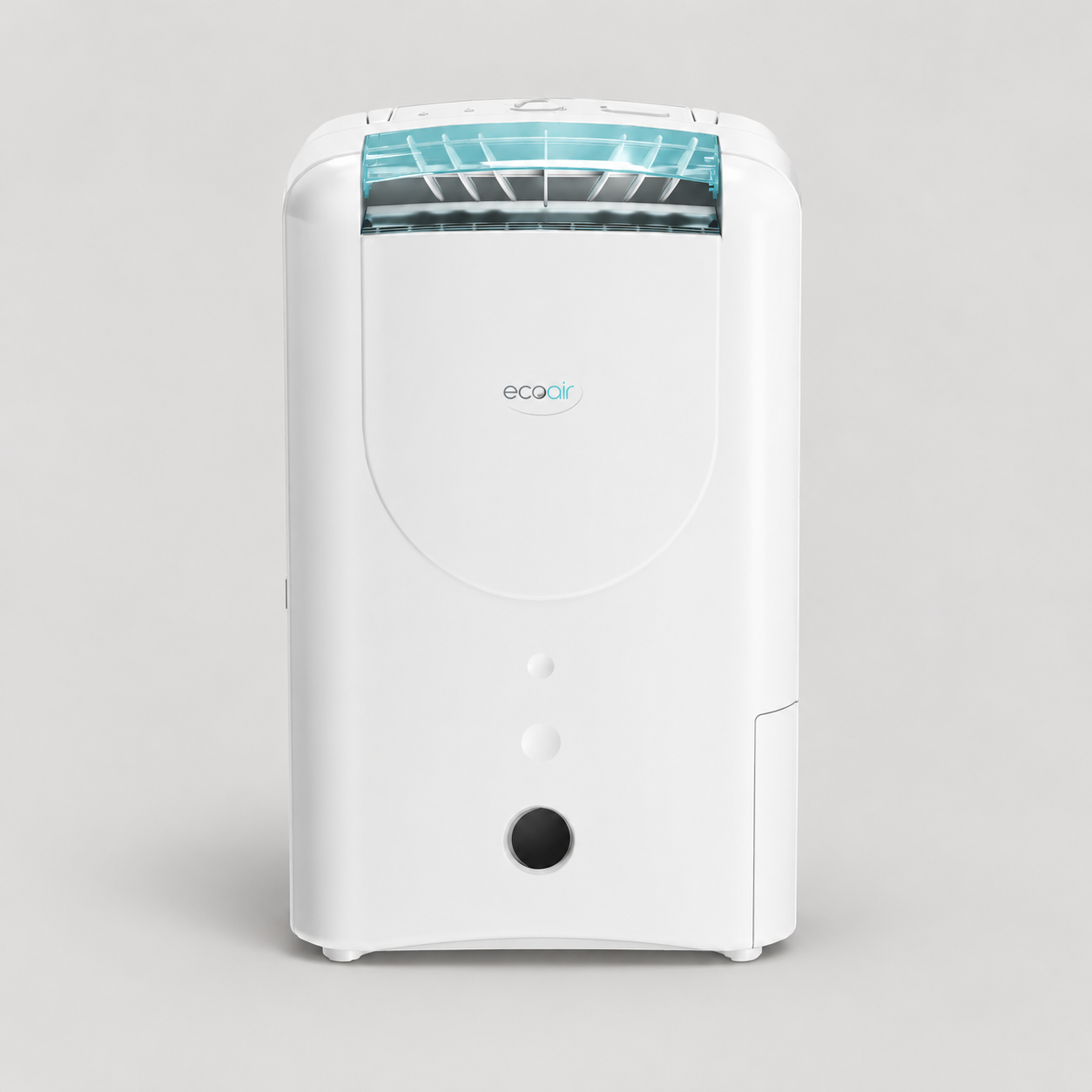 Editorial illustration of the EcoAir DD1 Simple MK3 Blue variant, with white housing and aqua outlet; accessories not shown.