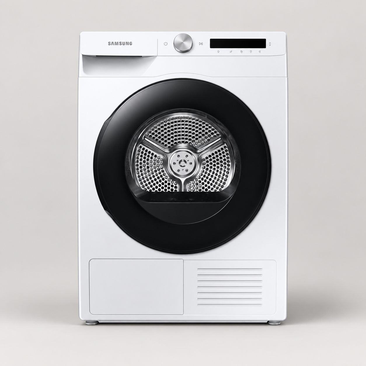 Editorial illustration of Samsung DV90T5240AW 9kg Heat Pump Tumble Dryer; visible model recognition only, not a technical or complete-pack diagram.