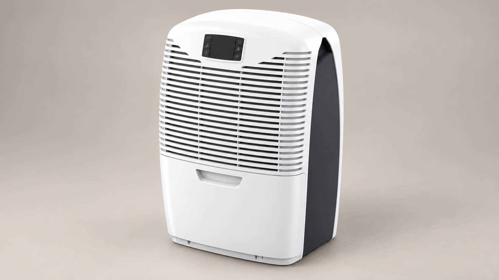 Editorial illustration of Ebac 3850e dehumidifier, white with dark side inset; visible model recognition only, not a technical or complete-pack diagram.