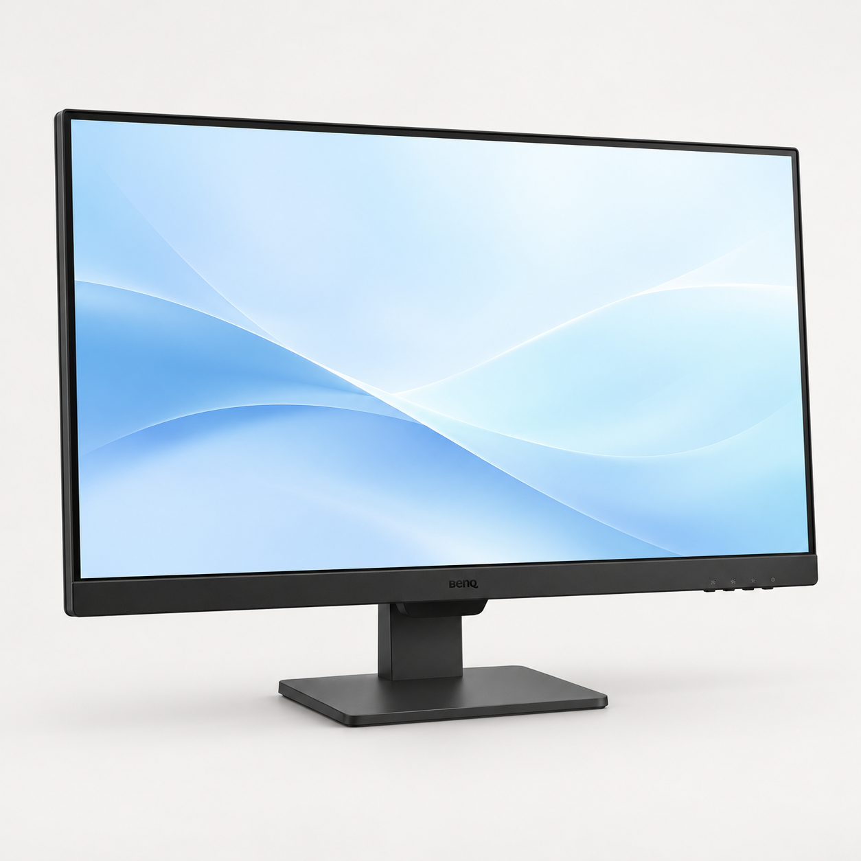 Editorial illustration of the BenQ GW2790 monitor and rectangular stand, with abstract blue screen artwork.