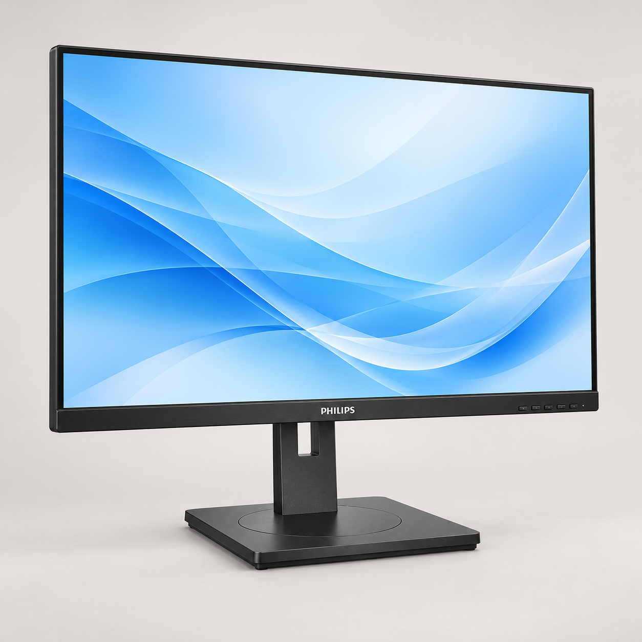 Editorial illustration of the black Philips 243B1/01 monitor and stand with an abstract blue screen; rear connections not shown.