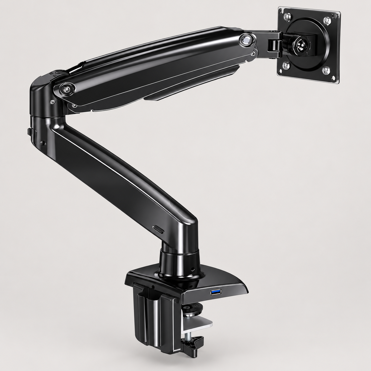 Editorial illustration of one black HUANUO HNSS12 monitor arm with clamp and VESA plate; not a dual-arm mount or accessory inventory.