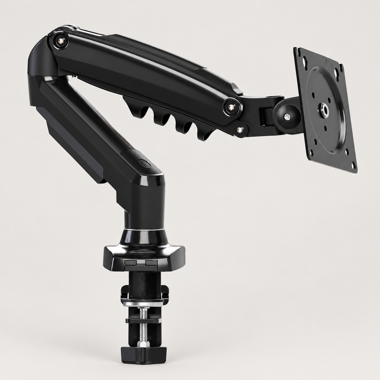 Editorial illustration of one black Invision MX150 monitor arm with clamp and VESA plate; monitor and loose accessories omitted.