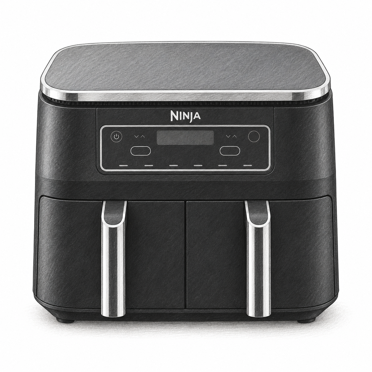 Editorial illustration of the black Ninja Foodi DualZone AF300UK two-drawer air fryer.
