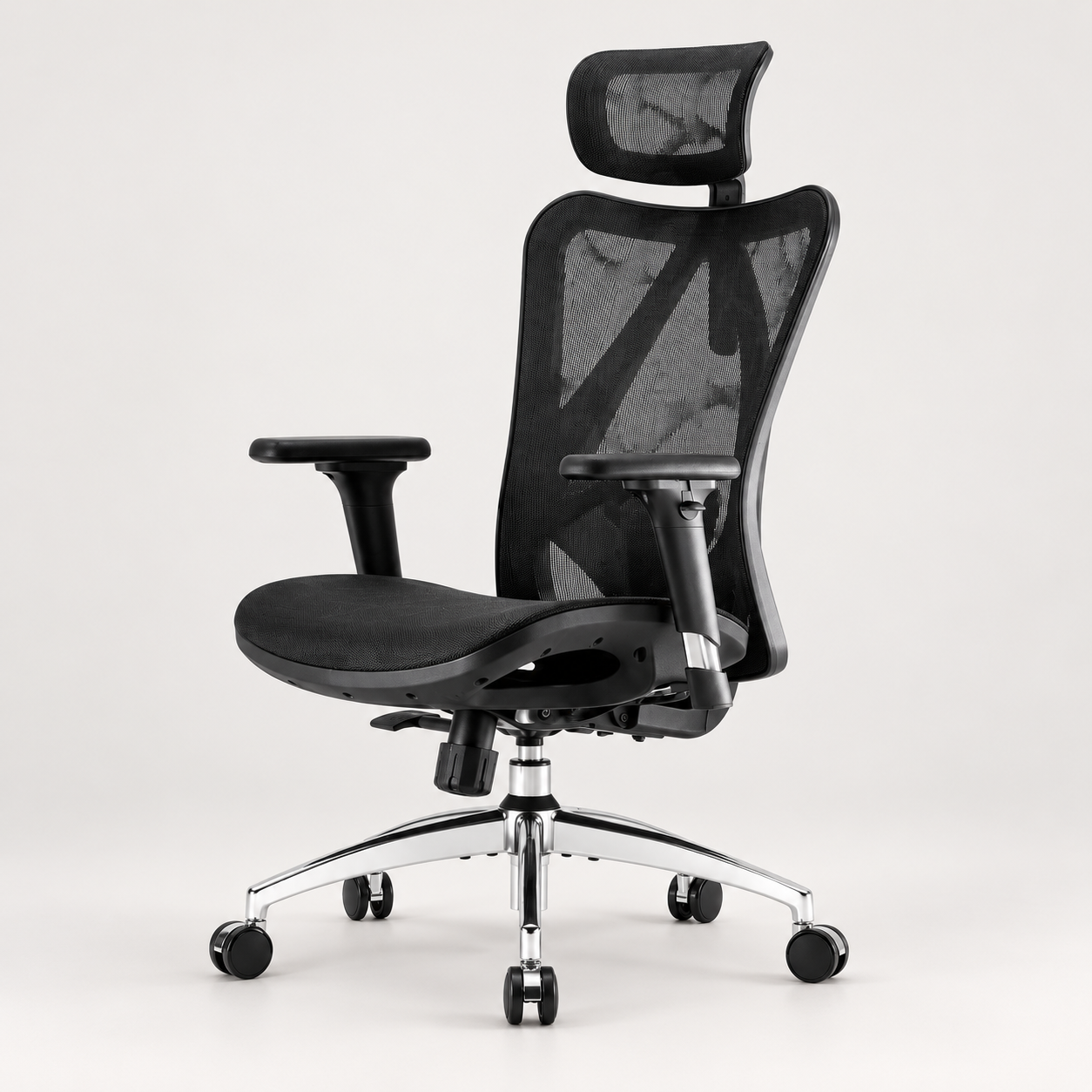 Editorial illustration of the black SIHOO M57 mesh chair with headrest and polished metal base; no footrest shown.